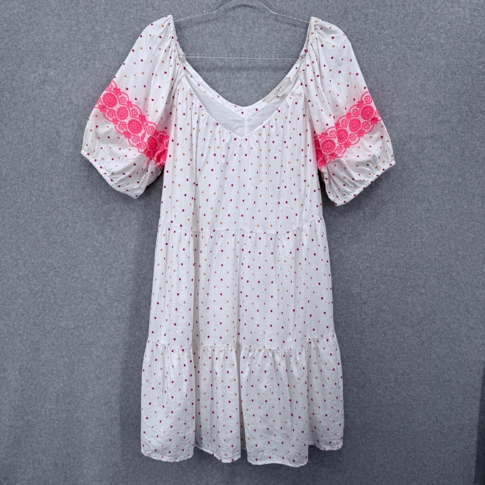 LOFT Dot Embroidered Tiered Swing Dress Women‎ Large Peasant Boho Cottage